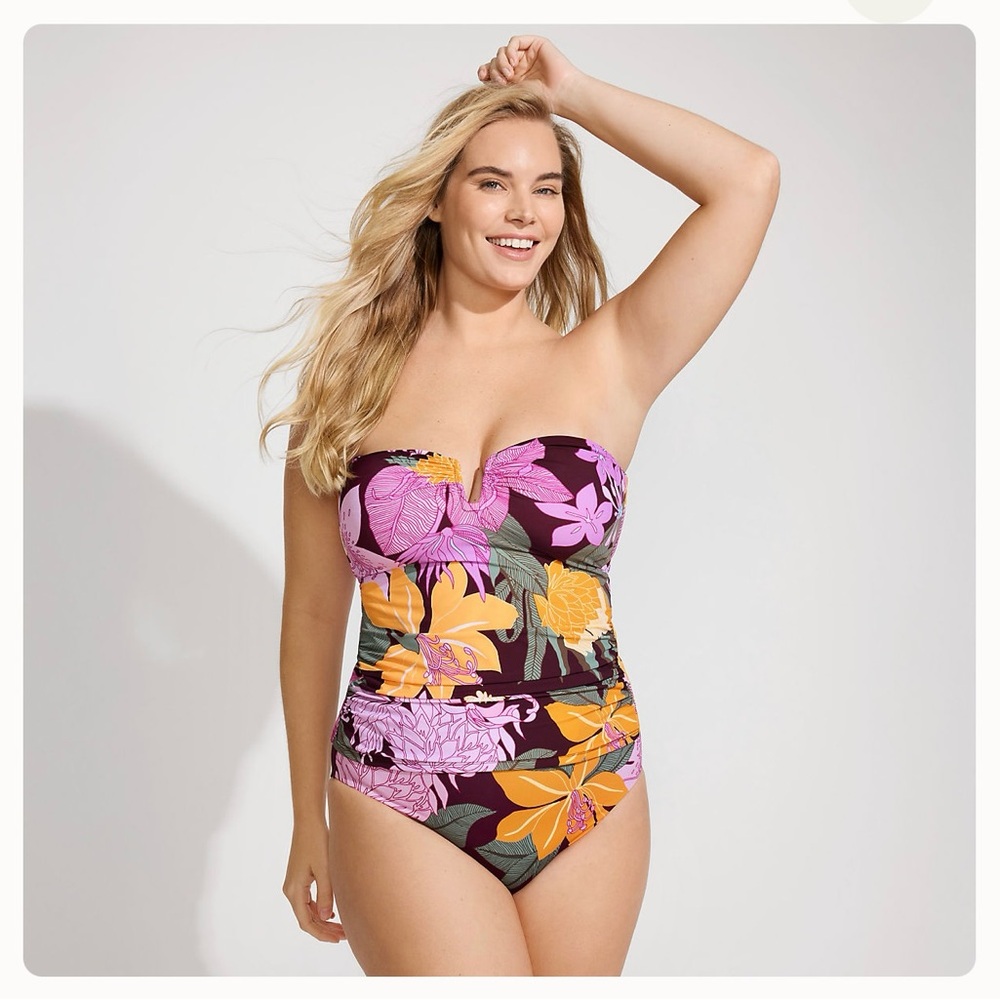Lands' End Strapless Floral Swimsuit - Purple and Orange